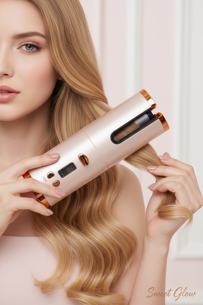 Sweet Glow Girl Holding Auto Curler